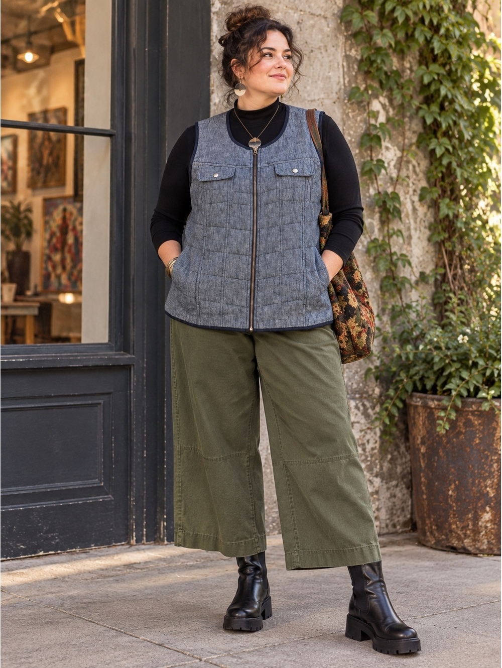 CJ Banks Women’s 1X Blue Chambray Quilted Full-Zip Vest